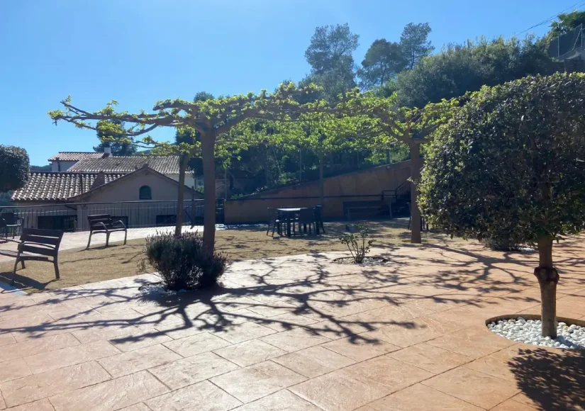 Emparrado de moreras con sombra natural y bancos en el jardín de la residencia en la montaña Sol i Natura, Corbera de Llobregat