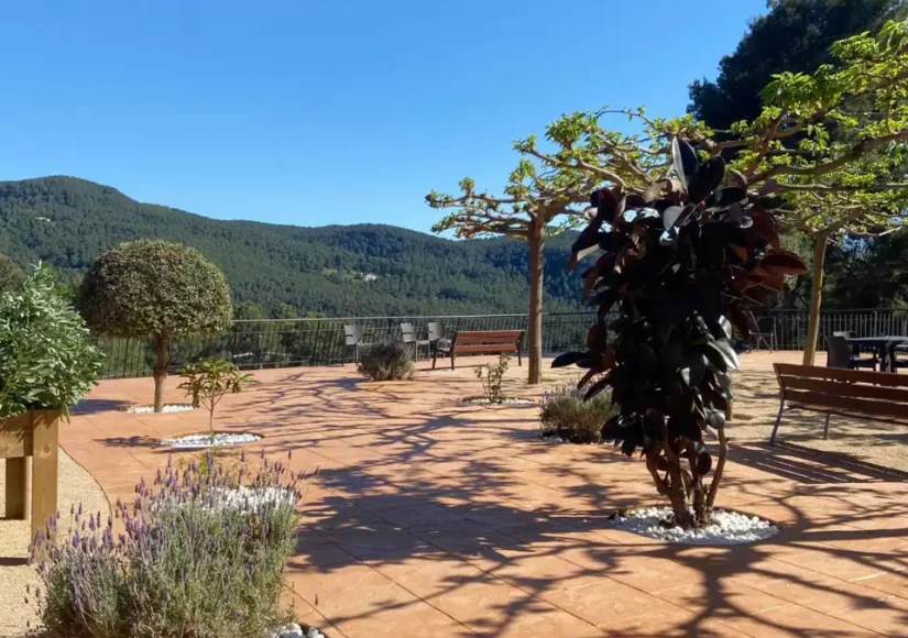 Jardín con vistas a la montaña, lavanda y bancos en la residencia de ancianos Sol i Natura