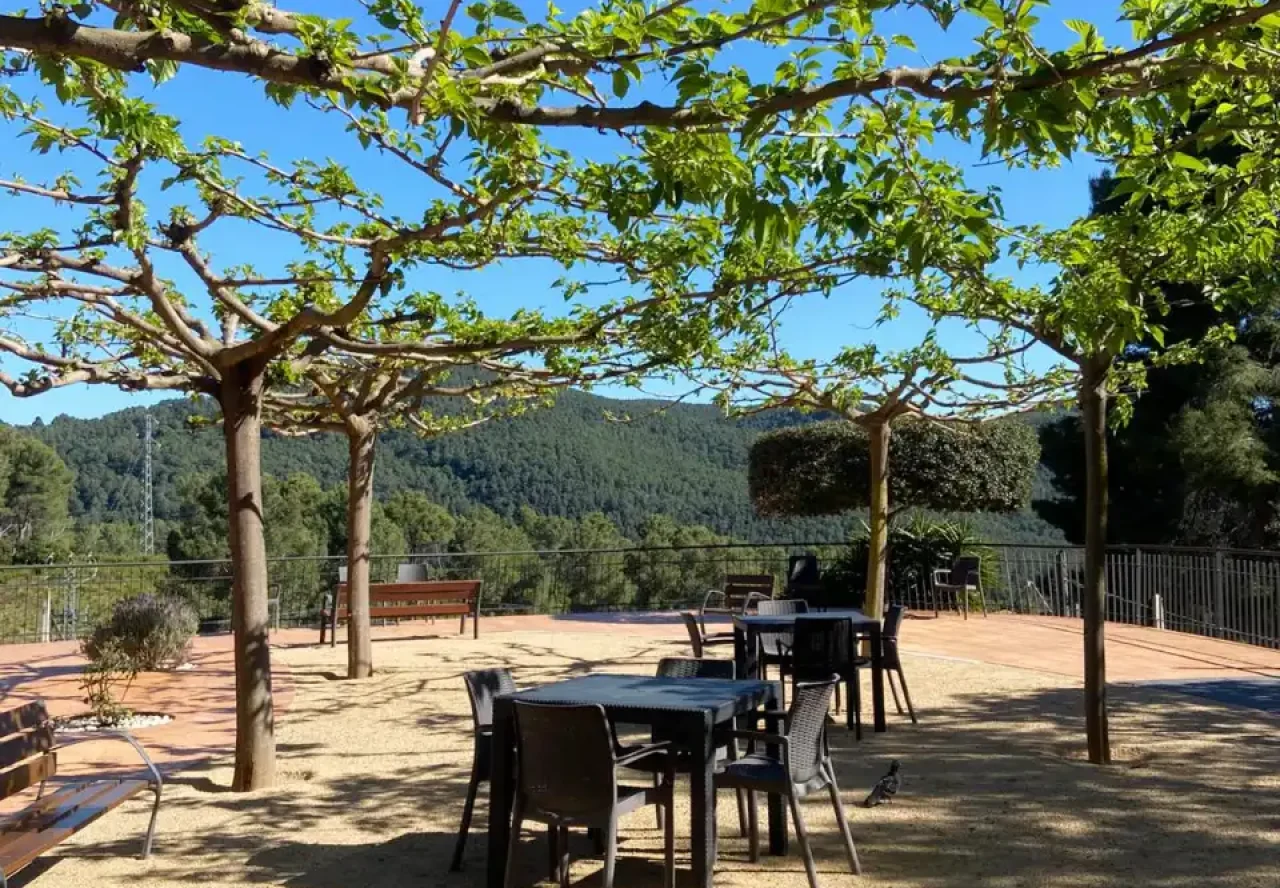 Zona de descanso bajo moreras con vistas a la montaña en la residencia de la tercera edad Sol i Natura